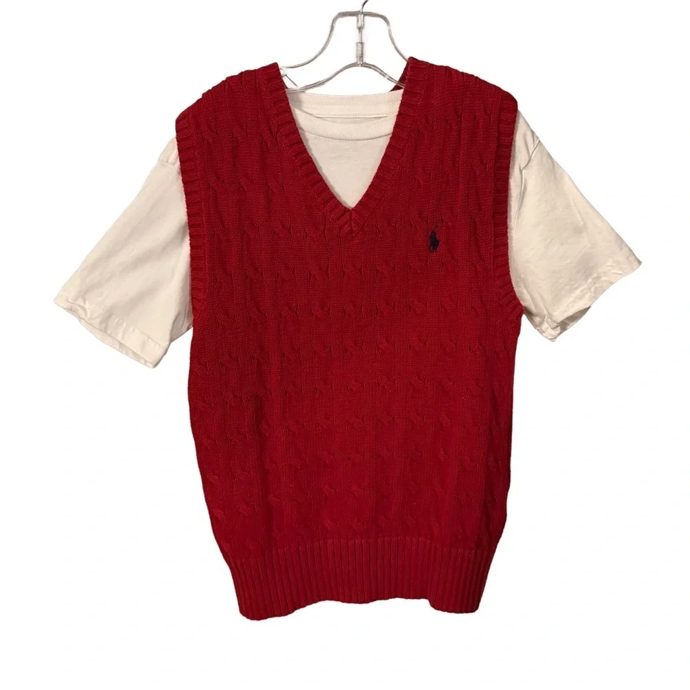 Ralph Lauren Boys 2 PCS Set Red Cotton Cable Knit Vest & White S/S T-Shirt Sz 8